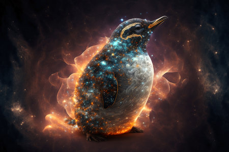 Penguin in space with stars and nebula. 3D renderingの素材