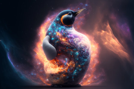 Penguin in space surrounded by stars and nebula. 3D renderingの素材