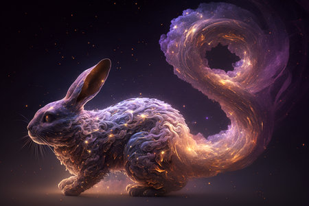 3d rendering of a hare on a dark background with a big spiralの素材
