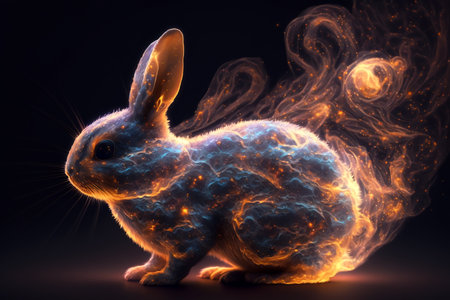 Rabbit with fire on black background. 3D rendering and illustration.の素材