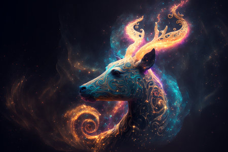 Fantasy deer with fire effect on dark background. 3D renderingの素材