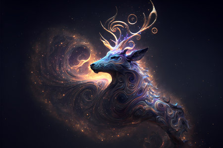 Fantasy deer in a cosmic space. 3d rendering, 3d illustrationの素材