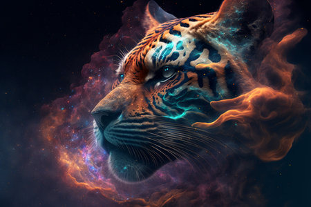 Tiger in space with nebulae and fire. 3D renderingの素材