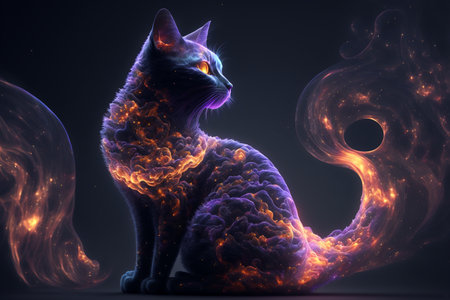 Fractal cat with fire on a dark background. 3d renderingの素材