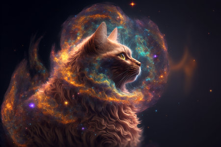 Siberian cat in cosmic space. 3D illustration. Collage.の素材
