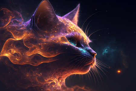 Digital Illustration of a cat in a surreal space with fire effectの素材