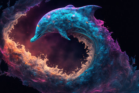 Dolphin in the outer space. 3D illustration. Abstract background.の素材