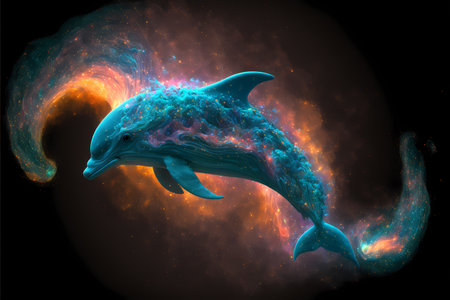 Dolphin in the outer space. 3D illustration of a dolphin.の素材