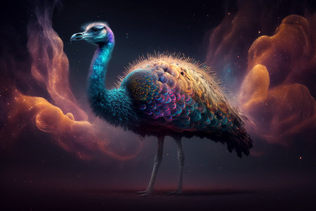 Fantasy emu on a dark background. 3d illustration.の素材