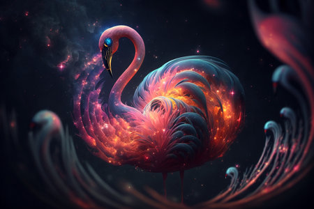 Flamingo in abstract space. Fantasy fractal art. 3D rendering.の素材