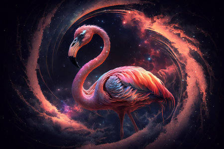 Flamingo in the space of the galaxy. 3D renderingの素材