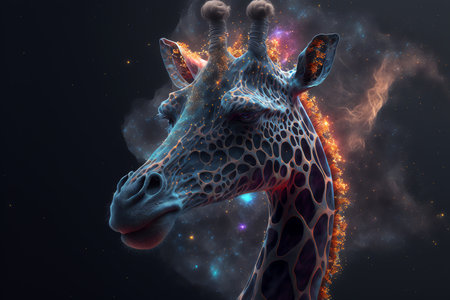 Giraffe head in space with stars and fire. 3d illustrationの素材