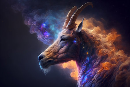 Portrait of a goat in space with stars and nebula.の素材