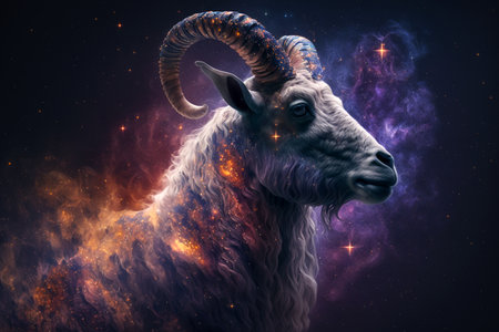 Goat in space with stars and nebula. 3D renderingの素材
