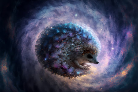 Hedgehog in space surrounded by stars and nebula. 3D renderingの素材