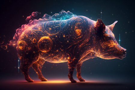 Digital illustration of a pig in abstract background. 3D rendering.の素材