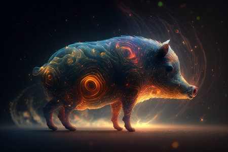 Digital illustration of a boar in a dark space. 3D renderingの素材