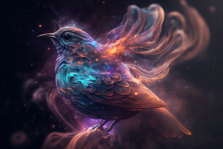 Starling in cosmic space, 3d rendering. Computer digital drawing.の素材
