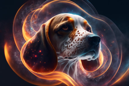 Fantasy portrait of a beagle dog with abstract fire effect.の素材