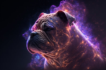 Digital Illustration of a Bulldog against a dark space background.の素材