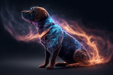 Labrador retriever dog with glowing particles on a dark background.の素材