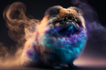 Cute pekingese dog with colorful smoke on a black backgroundの素材