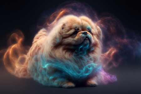 Pomeranian dog with colorful smoke on a black background. 3d renderingの素材