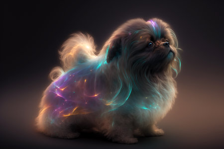 Pekingese dog with neon lights on black background. 3d renderingの素材