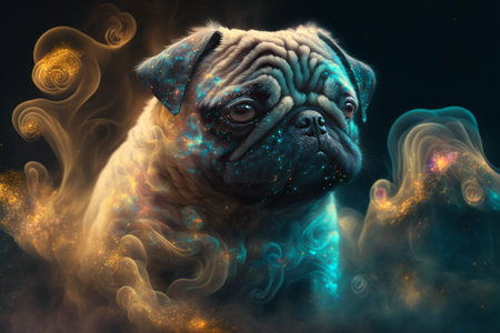 Funny pug dog in the clouds of blue smoke with a lot of stars.の素材