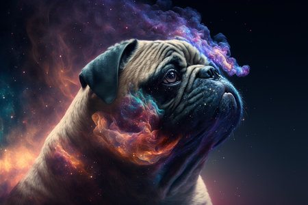Pug dog with cosmic dust and nebula in the background.の素材