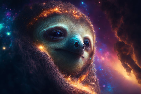 Fantasy illustration of a sloth against space background. 3D renderingの素材