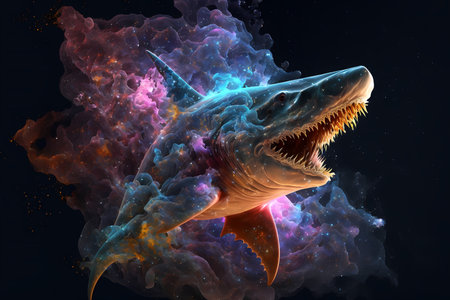 Great White Shark in space. 3D illustration of a Great White Shark.の素材