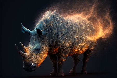 Rhinoceros with fire on a black background. 3d renderingの素材
