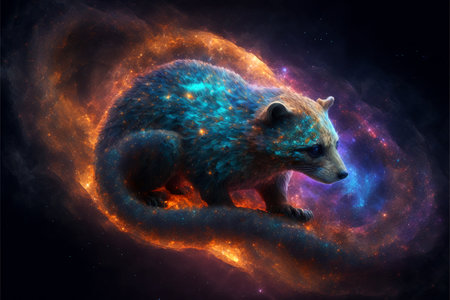 Cute little raccoon in space with stars and nebula. 3D renderingの素材