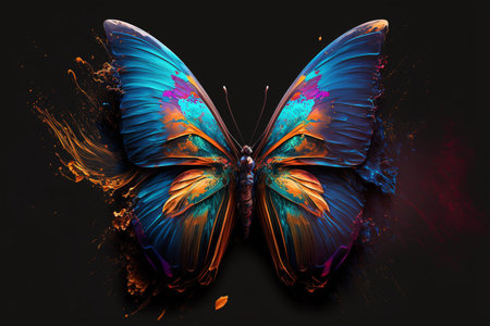 Colorful butterfly on a black background. 3d rendering, 3d illustration.の素材