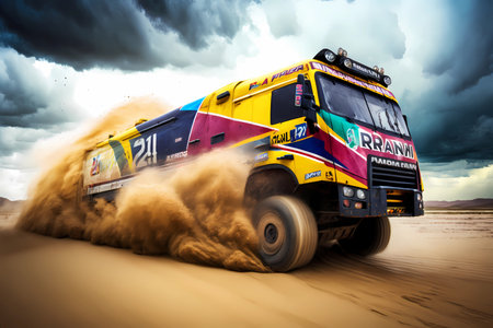 Racing truck on the sand under the stormy sky. 3d renderingの素材