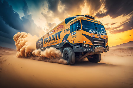 Racing truck in the desert at sunset. 3d rendering.の素材