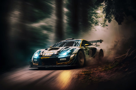 Racing car on the road in the forest. 3d rendering rally raceの素材