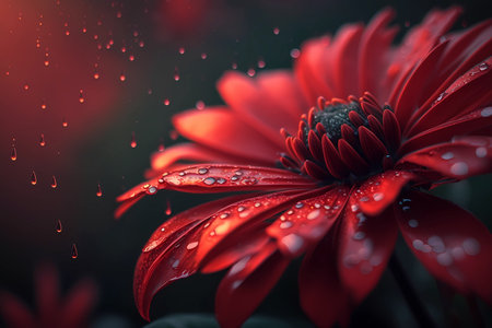 Beautiful red chrysanthemum flower with dew dropsの素材