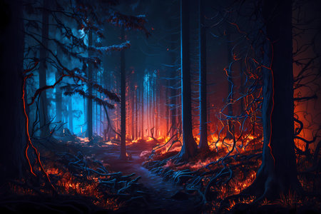 Mysterious dark forest. Halloween concept. 3D Renderingの素材