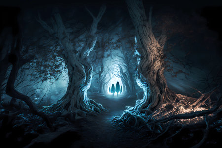 Mysterious dark forest. Halloween concept. 3D Renderingの素材