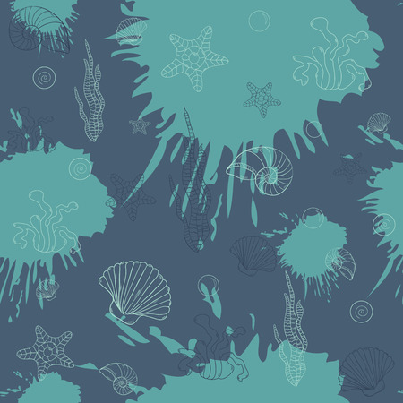 Sea algae and shells,seamless pattern on dark  blots ink background.Sea.Marine.のイラスト素材
