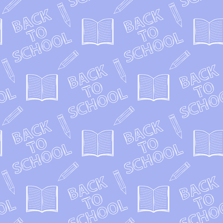 Seamless pattern Back to school on purple background with: books or a notebook, pencilのイラスト素材