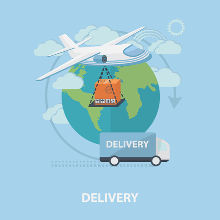 Vector delivery concept with plane, car, land layoutのイラスト素材