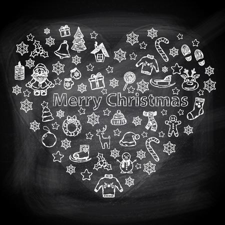 Chalk board Merry Christmas in the form of heart,with Santa Claus,snowman,Christmas tree,sleigh,candy,house,ice skates,snowflake,gift,candle,wreath,mittens,hat,scarf,deer in the shape of heartのイラスト素材