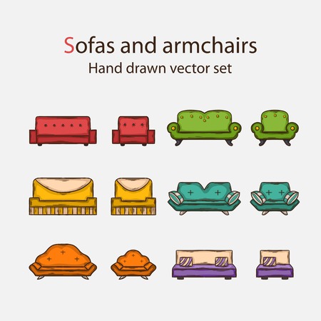 Vector icon set of sofas and armchairs in doddle style with shadowのイラスト素材