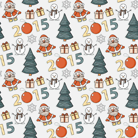 Vector seamless Christmas pattern,sticker, with Santa Claus,gifts, snowman, numbers, 2015, Christmas ball, snowflakes, Christmas trees on a white backgroundのイラスト素材