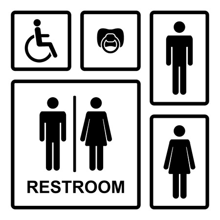 Vector restroom icons with men,women,lady,man,baby,dummy,nipple,\rchild and disability on squareのイラスト素材