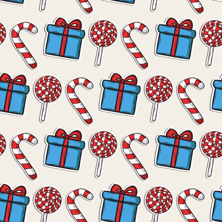 Vector Christmas pattern with candy and blie gifts on a beige backgroundのイラスト素材