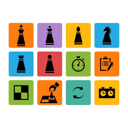 Vector Chess pieces black icons set isolated on a colorful squareのイラスト素材